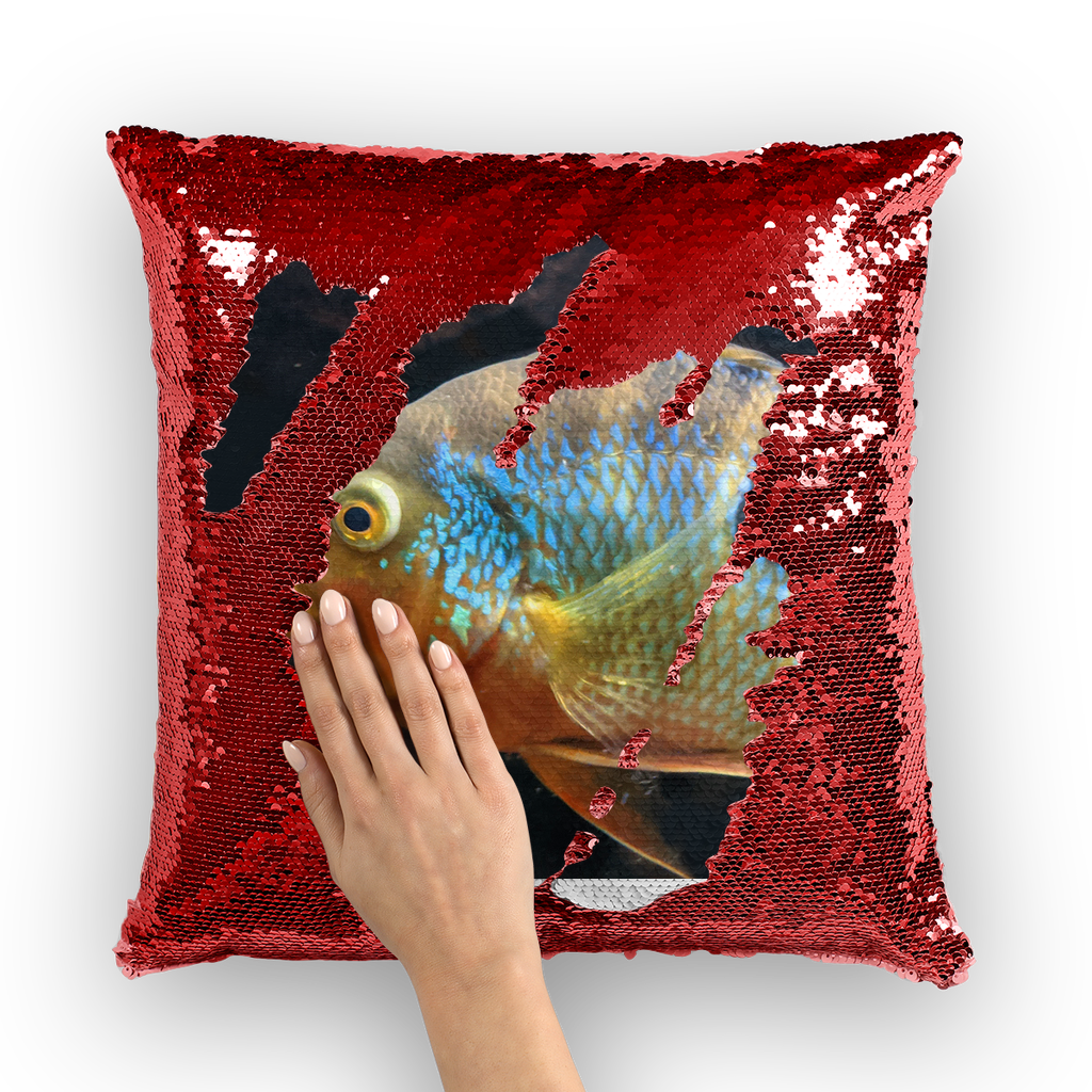 Colorful fish sequin cushion cover featuring vibrant mermaid design on a soft polyester fabric, ideal for home decor.