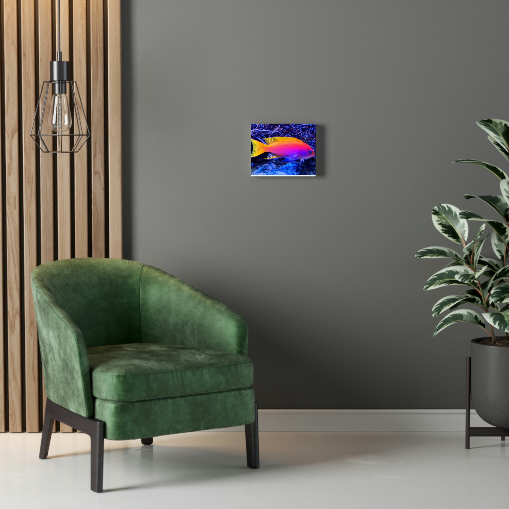 A vibrant stretched canvas featuring colorful fish swimming in a lively underwater scene, perfect for indoor decoration.