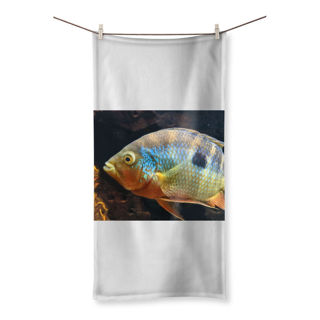 Colorful Fish Sublimation All Over Towel showcasing vibrant fish patterns on a polyester front and soft cotton back.