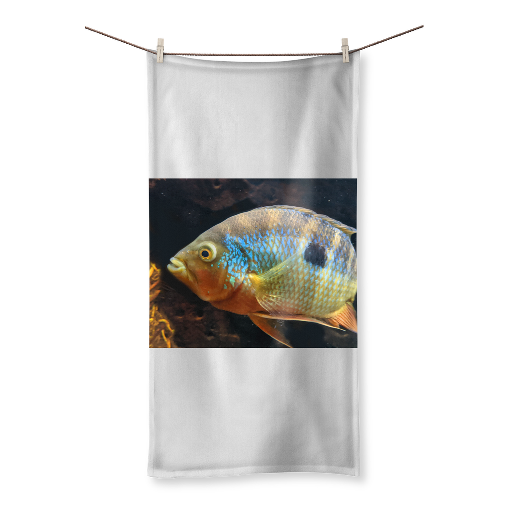 Colorful Fish Sublimation All Over Towel showcasing vibrant fish patterns on a polyester front and soft cotton back.