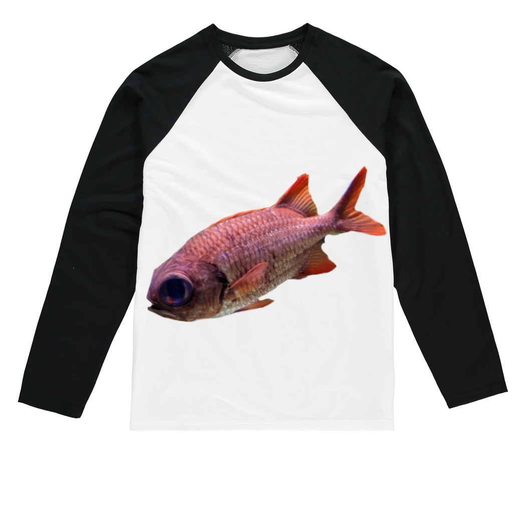 Colorful Fish Sublimation Baseball Long Sleeve T-Shirt featuring vibrant designs and a comfortable fit.