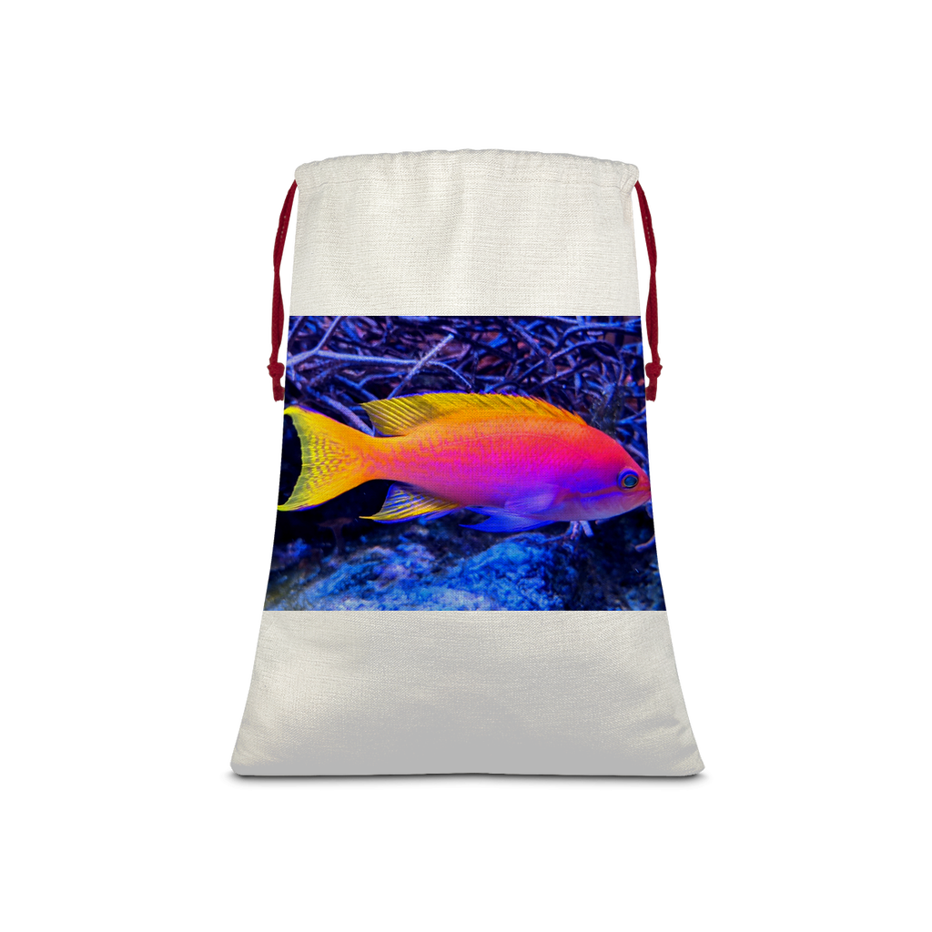 Colorful Fish Sublimation Linen Drawstring Sack with red drawstring, showcasing vibrant print and durable material.