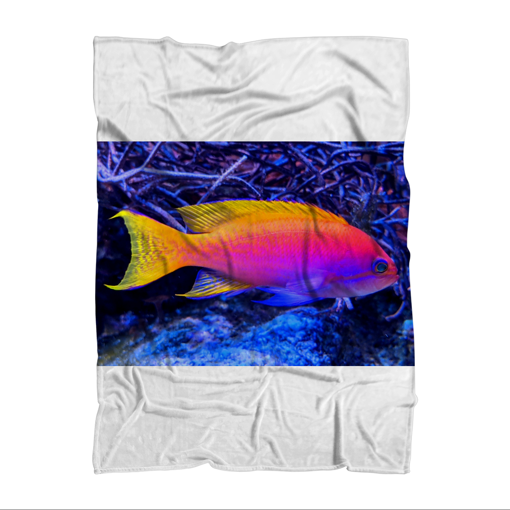 Colorful Fish Sublimation Throw Blanket featuring vibrant fish patterns on soft fleece fabric, ideal for cozying up or home decor.