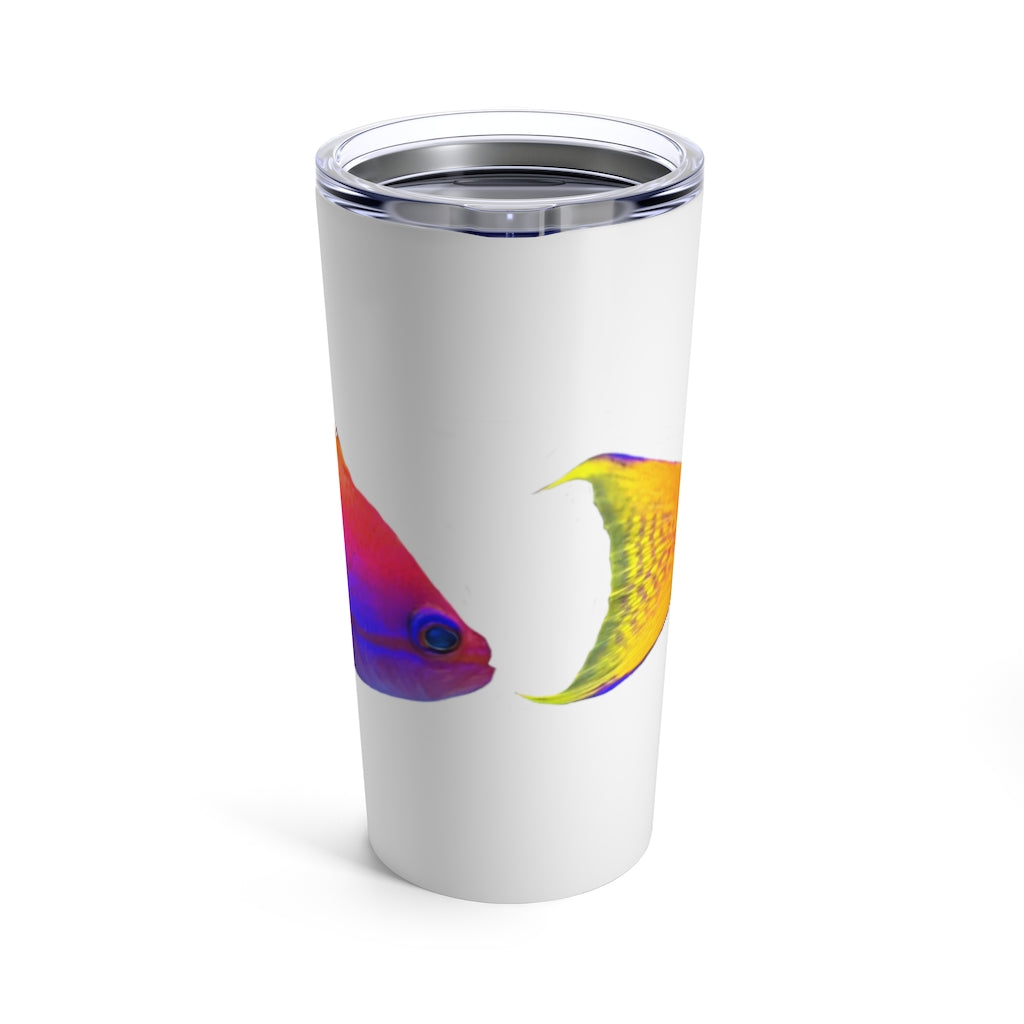 Colorful Fish Tumbler 20oz made of stainless steel with a vibrant fish design and a see-thru plastic lid.