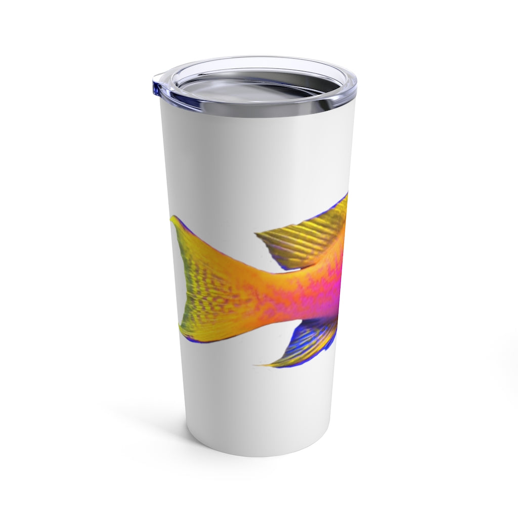 Colorful Fish Tumbler 20oz made of stainless steel with a vibrant fish design and a see-thru plastic lid.