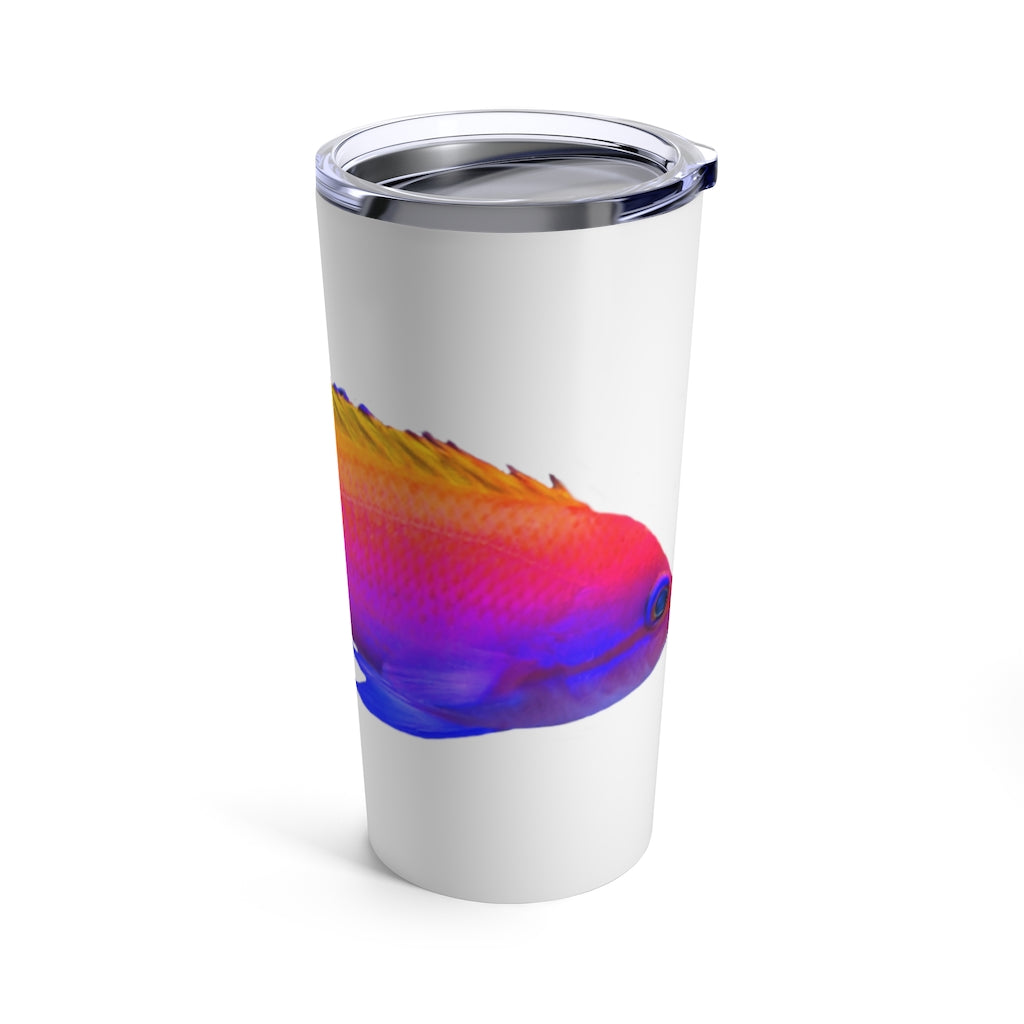 Colorful Fish Tumbler 20oz made of stainless steel with a vibrant fish design and a see-thru plastic lid.