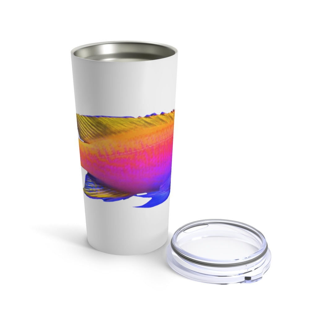 Colorful Fish Tumbler 20oz made of stainless steel with a vibrant fish design and a see-thru plastic lid.