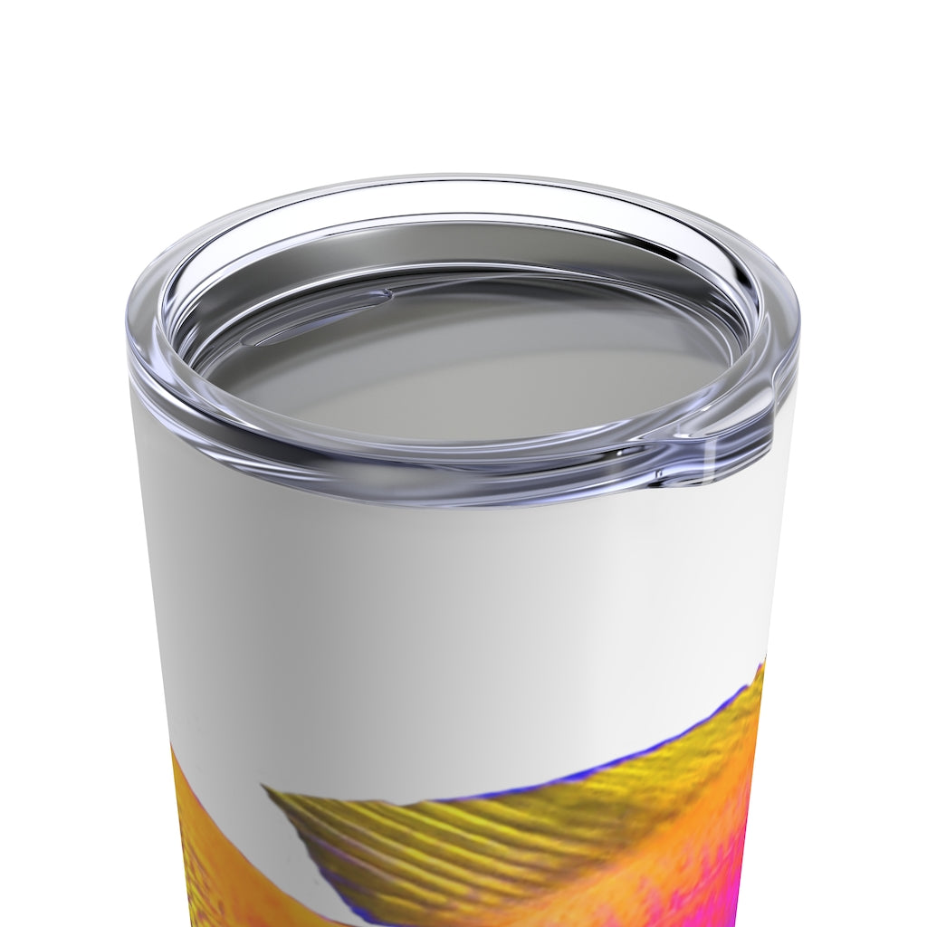 Colorful Fish Tumbler 20oz made of stainless steel with a vibrant fish design and a see-thru plastic lid.