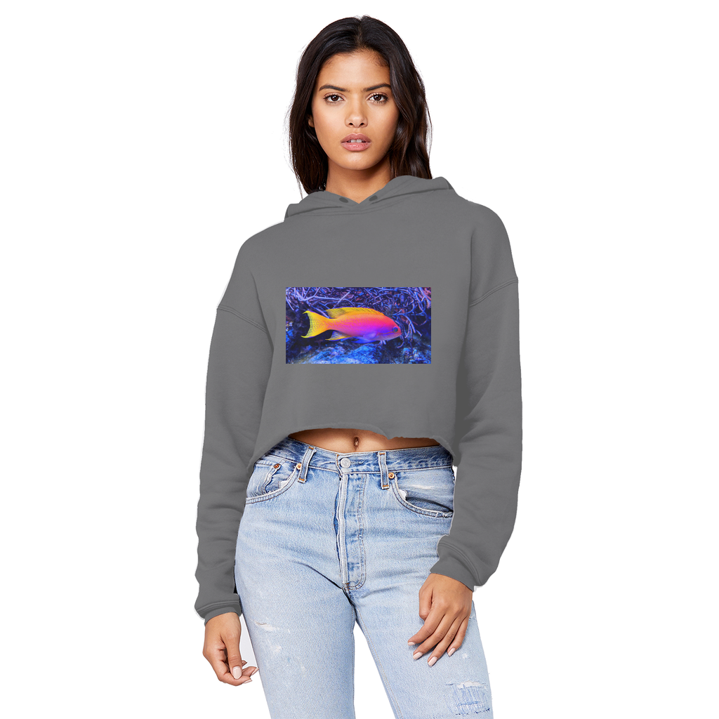 Colorful Fish Unisex Cropped Raw Edge Boyfriend Hoodie featuring a relaxed fit and stylish raw edge hem.