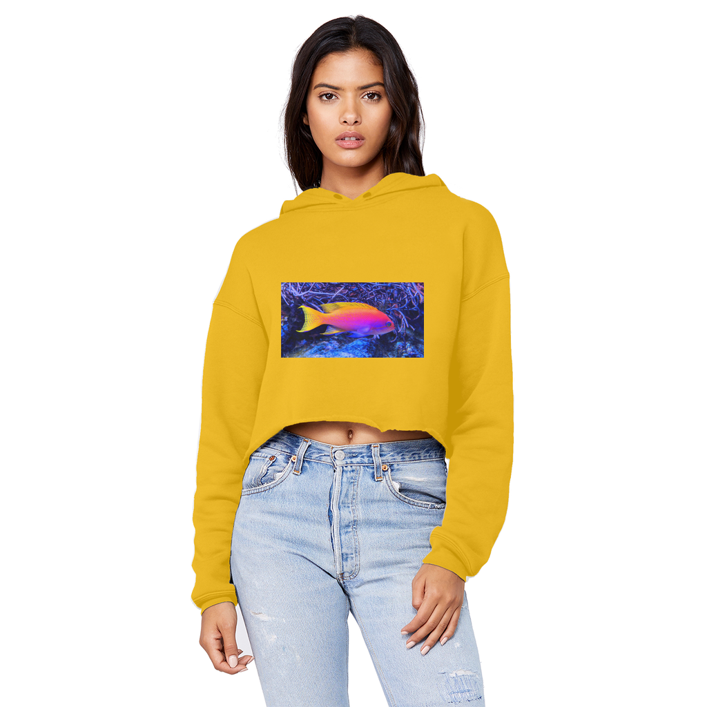 Colorful Fish Unisex Cropped Raw Edge Boyfriend Hoodie featuring a relaxed fit and stylish raw edge hem.