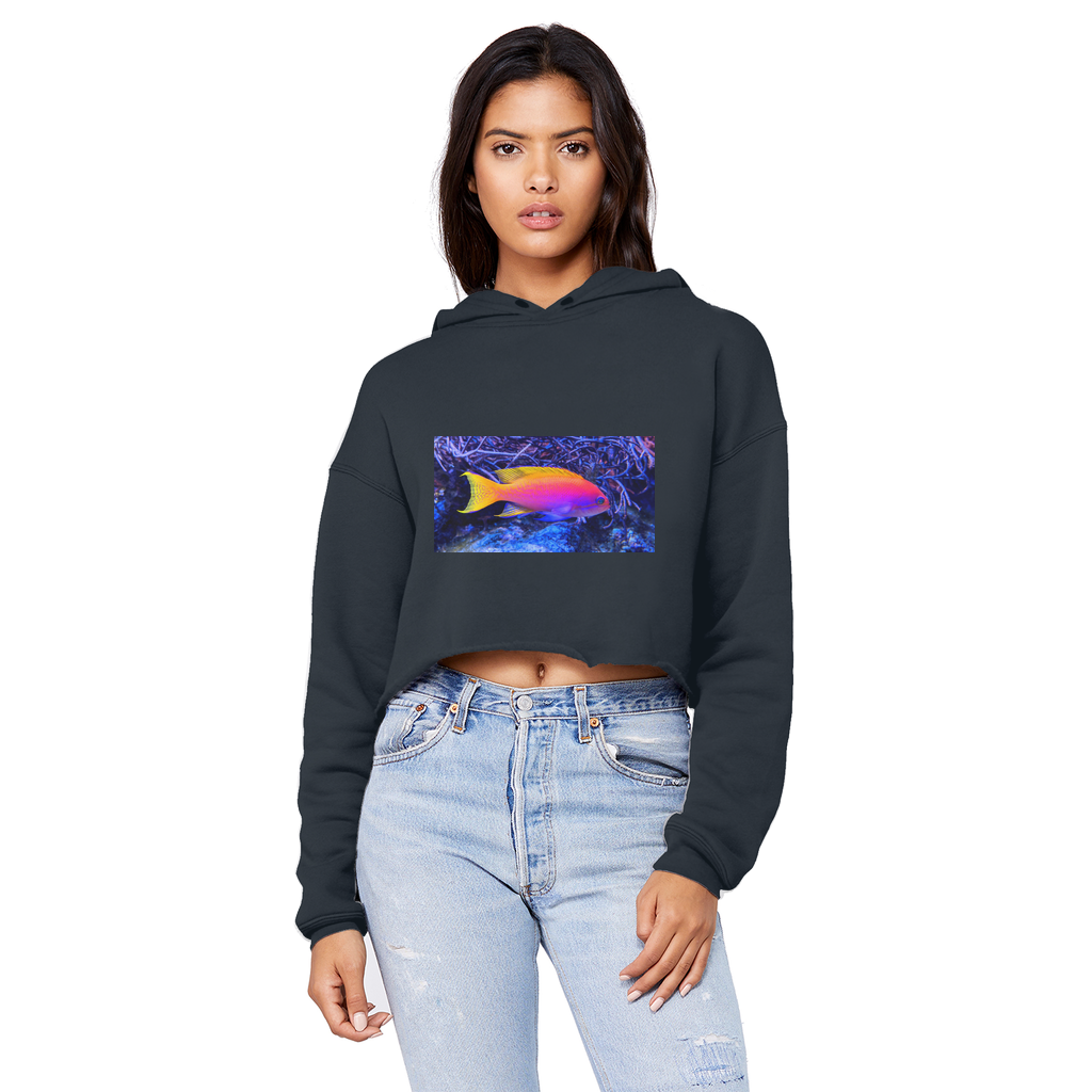 Colorful Fish Unisex Cropped Raw Edge Boyfriend Hoodie featuring a relaxed fit and stylish raw edge hem.