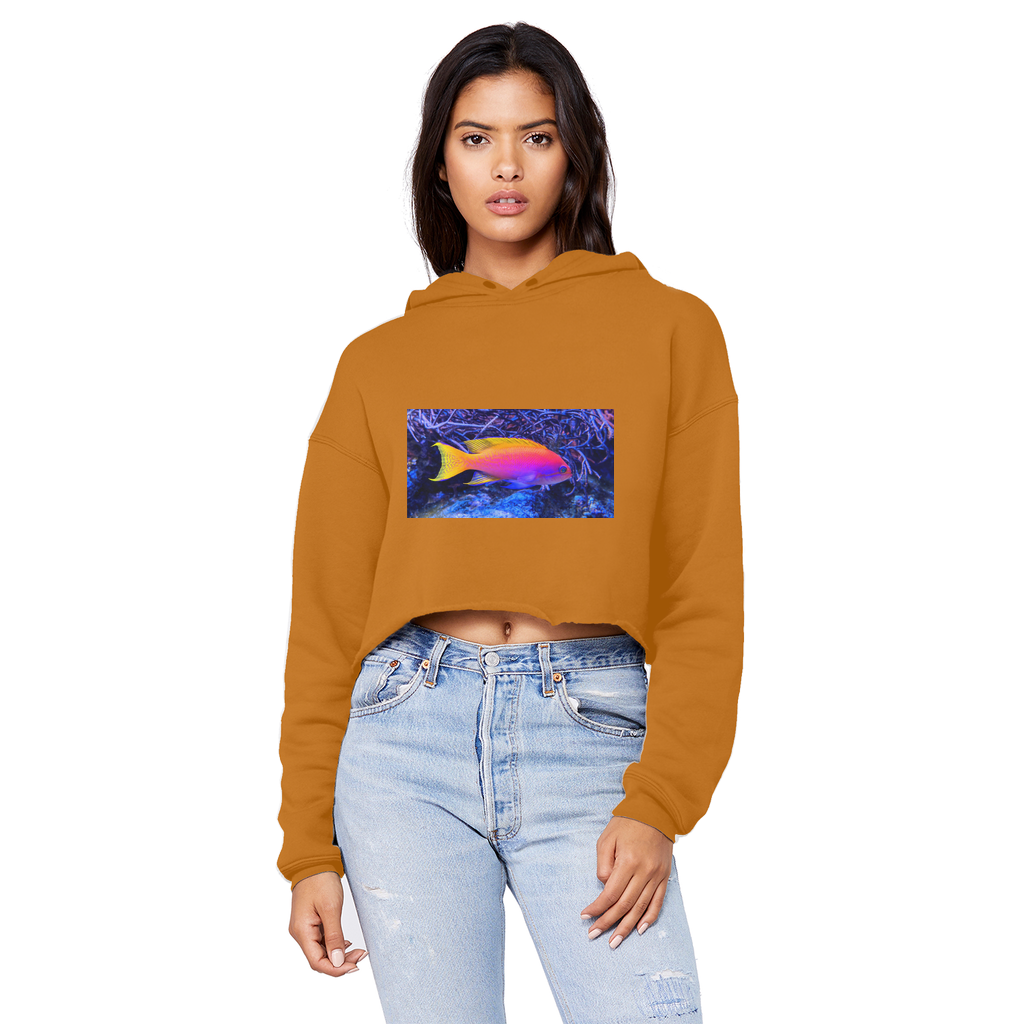 Colorful Fish Unisex Cropped Raw Edge Boyfriend Hoodie featuring a relaxed fit and stylish raw edge hem.