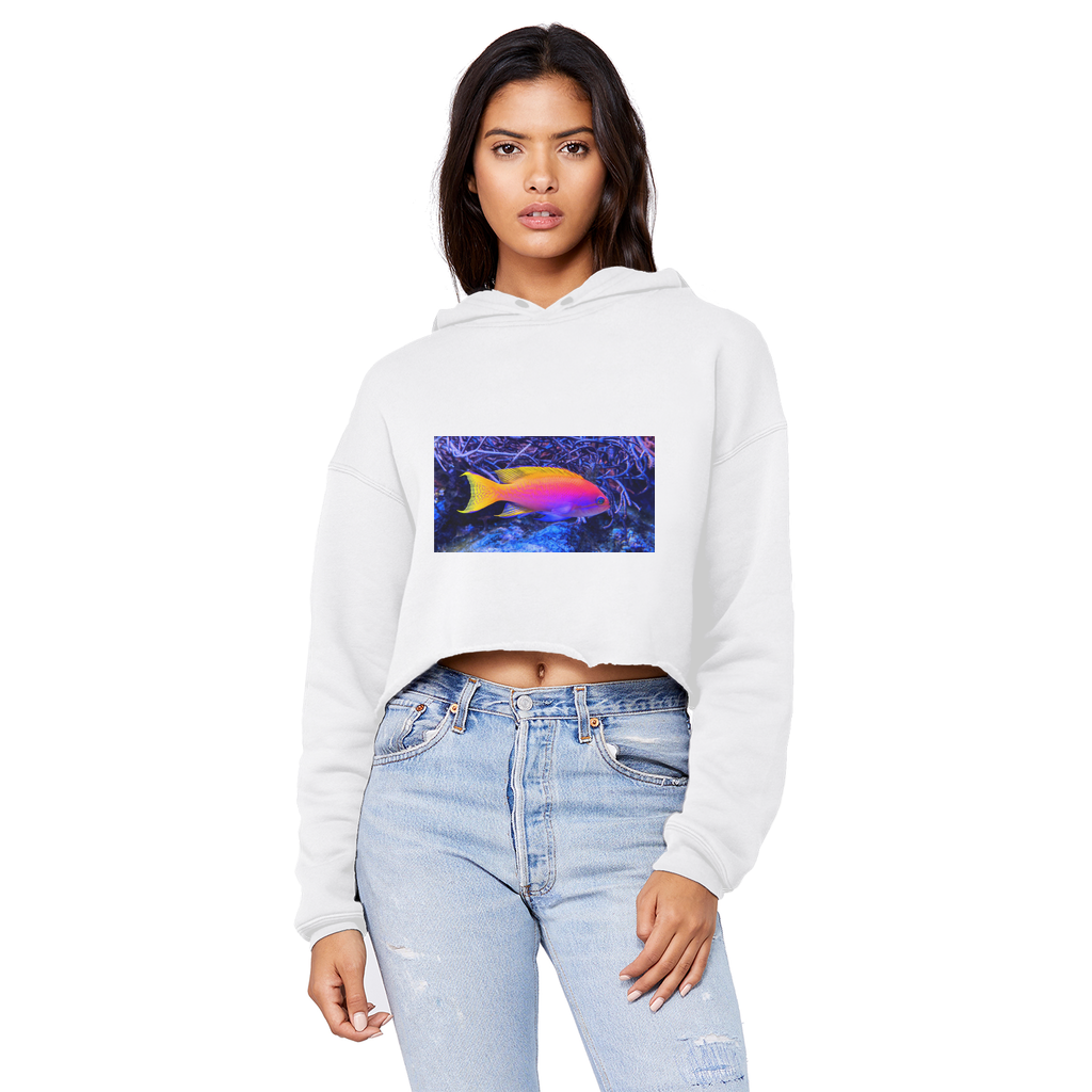 Colorful Fish Unisex Cropped Raw Edge Boyfriend Hoodie featuring a relaxed fit and stylish raw edge hem.