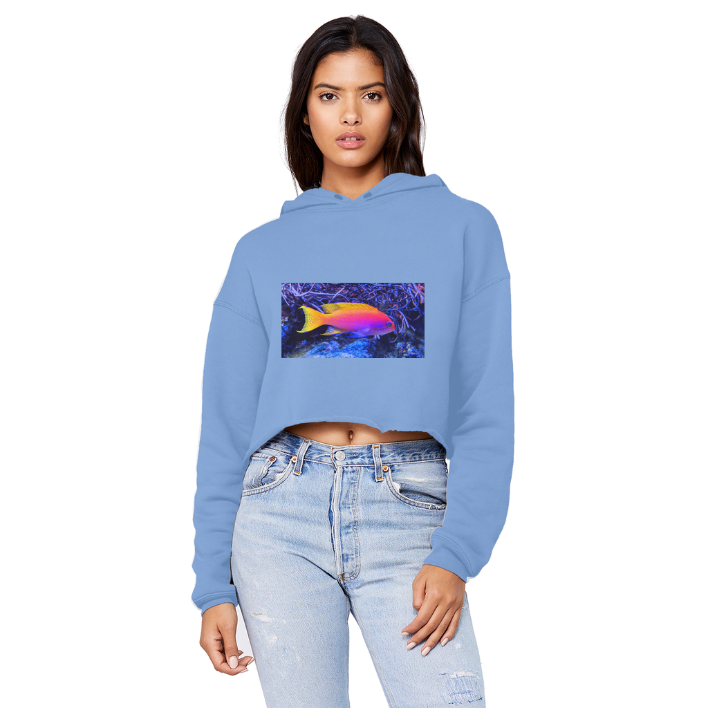 Colorful Fish Unisex Cropped Raw Edge Boyfriend Hoodie featuring a relaxed fit and stylish raw edge hem.