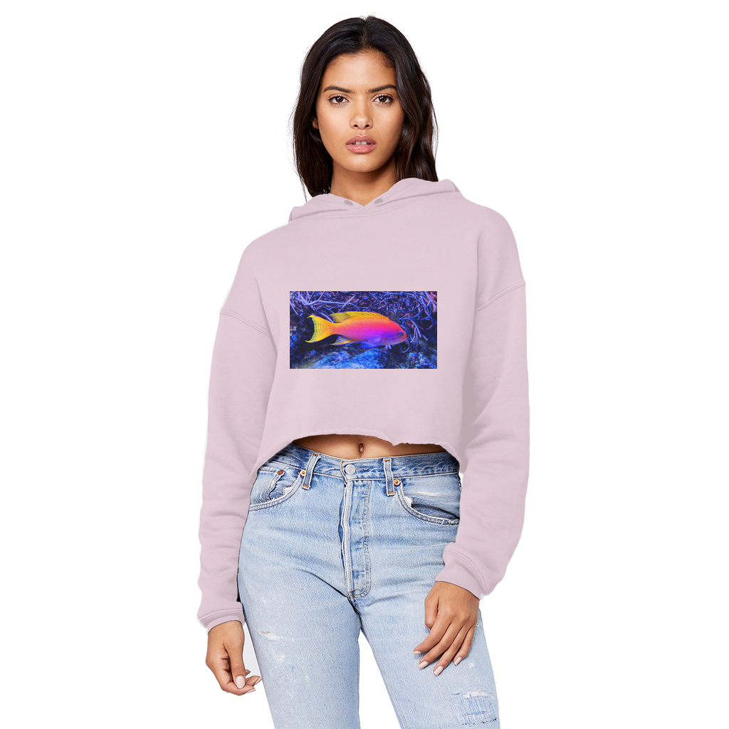 Colorful Fish Unisex Cropped Raw Edge Boyfriend Hoodie featuring a relaxed fit and stylish raw edge hem.