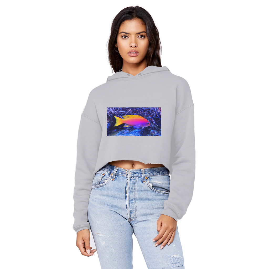 Colorful Fish Unisex Cropped Raw Edge Boyfriend Hoodie featuring a relaxed fit and stylish raw edge hem.