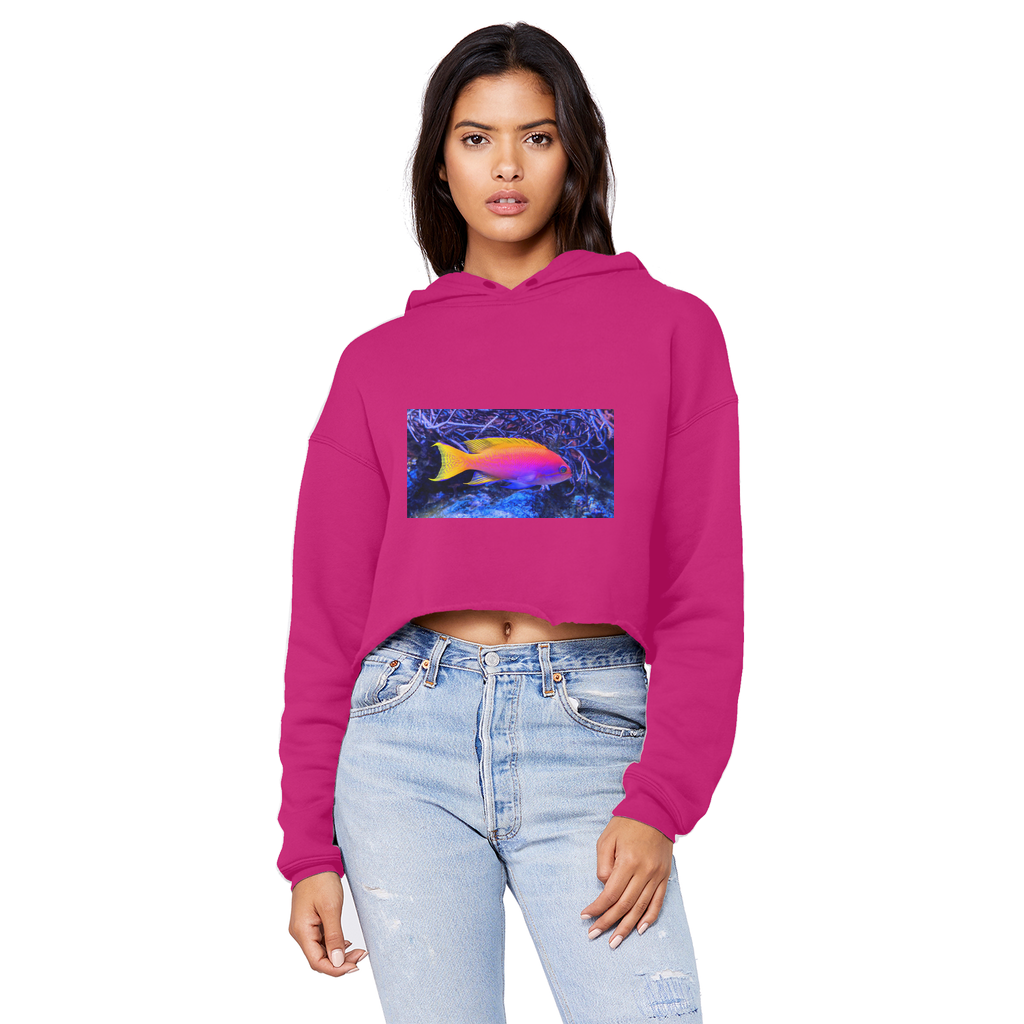 Colorful Fish Unisex Cropped Raw Edge Boyfriend Hoodie featuring a relaxed fit and stylish raw edge hem.