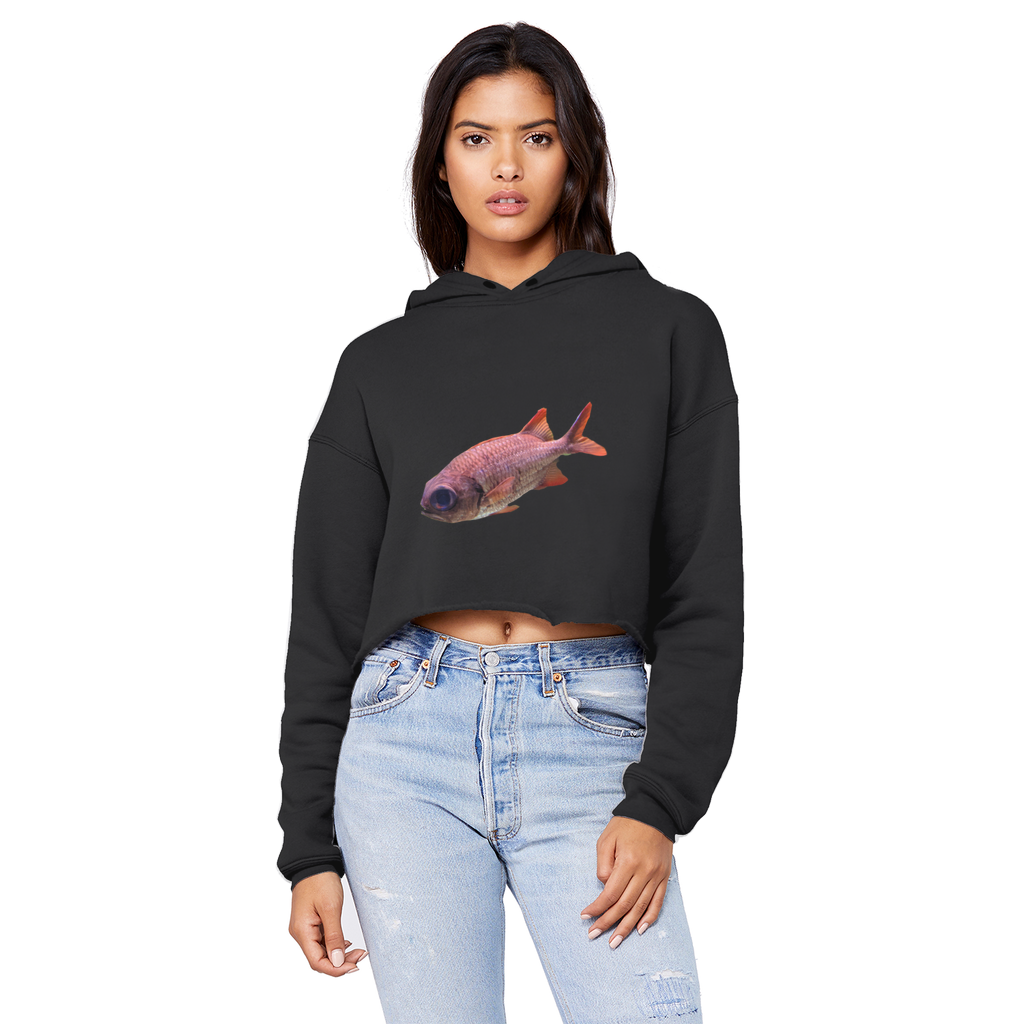 Colorful Fish Unisex Cropped Raw Edge Boyfriend Hoodie showcasing a trendy design with a raw edge hem and double fabric hood.