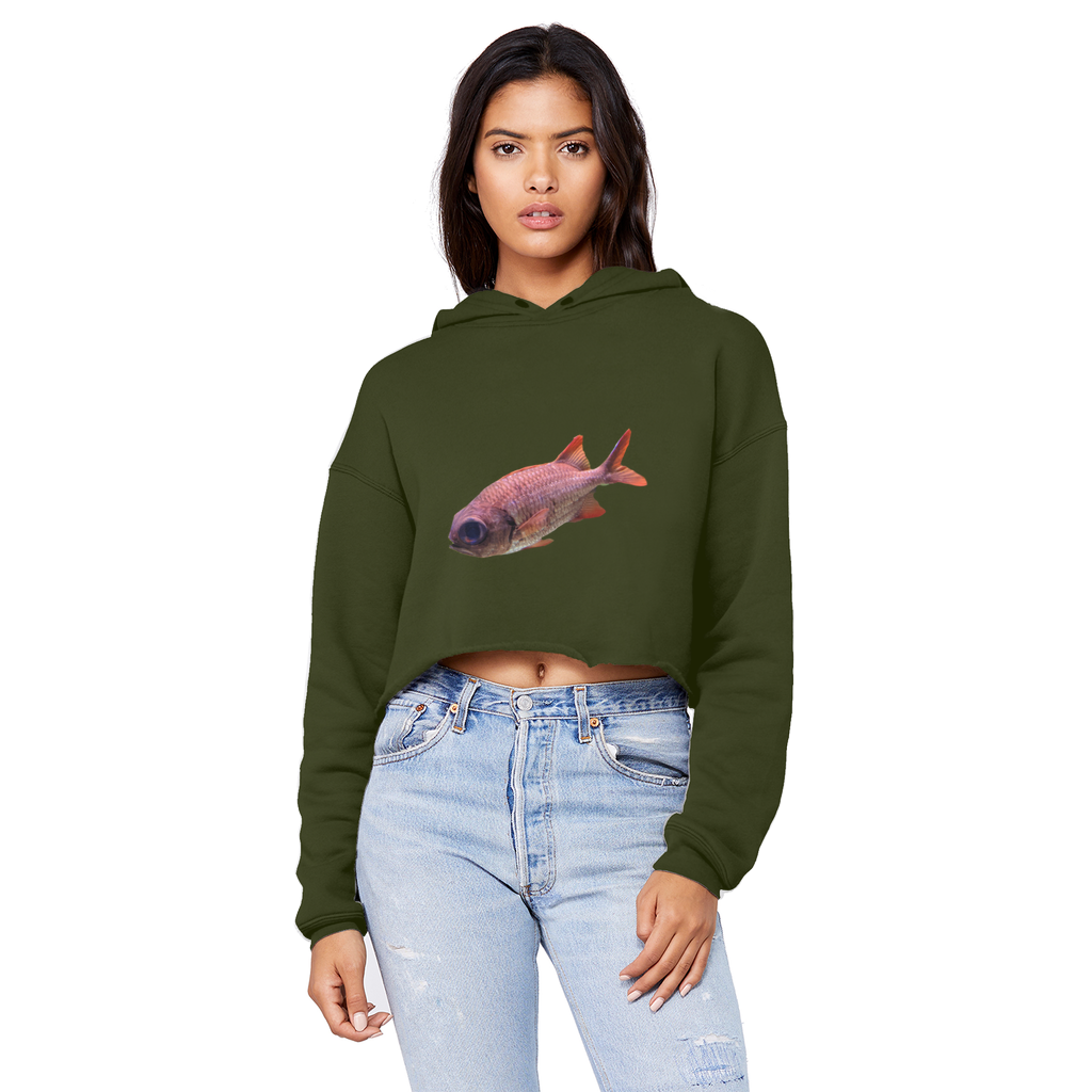 Colorful Fish Unisex Cropped Raw Edge Boyfriend Hoodie showcasing a trendy design with a raw edge hem and double fabric hood.