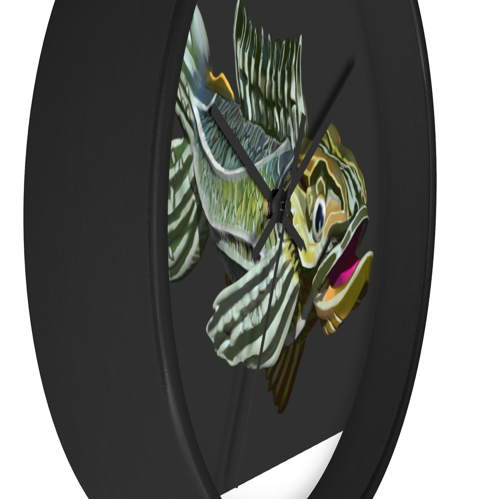 Colorful Fish Wall Clock featuring a vibrant fish design in a wooden frame with a plexiglass face.