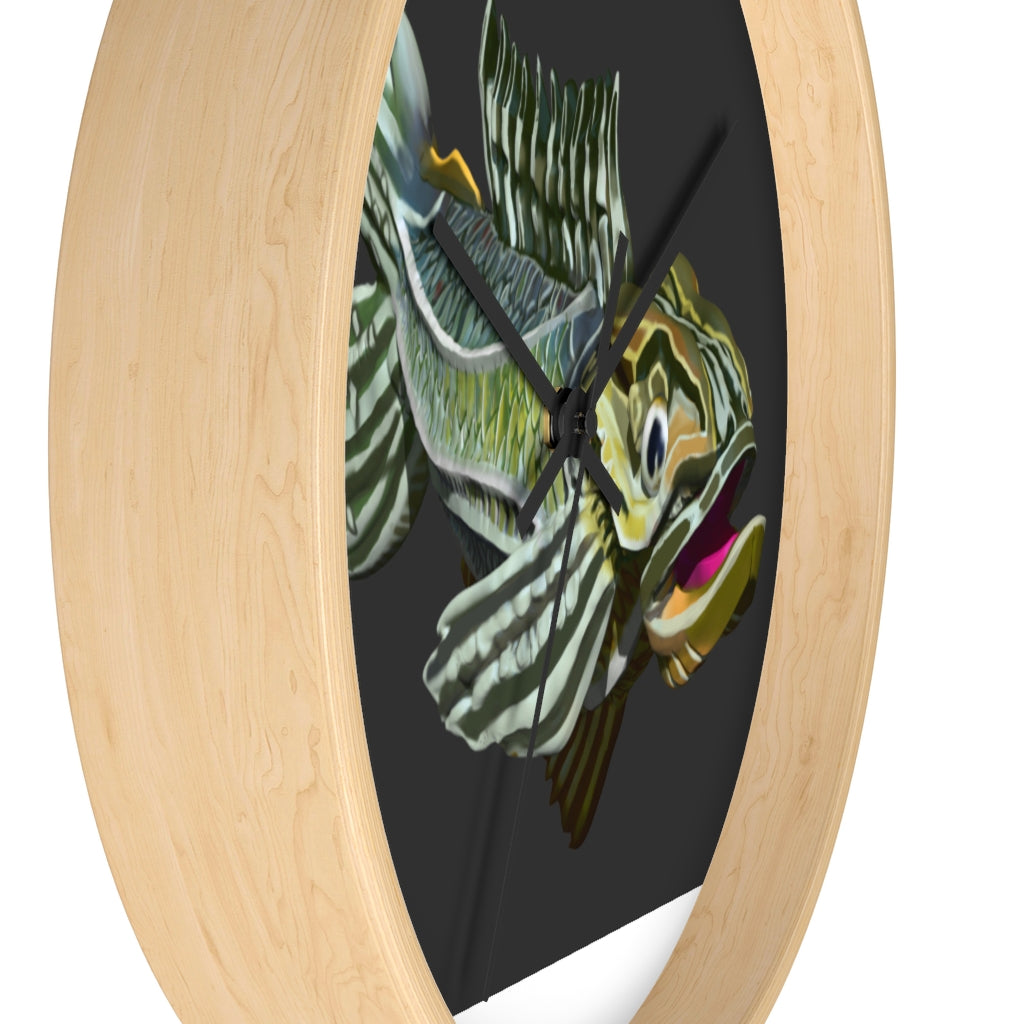 Colorful Fish Wall Clock featuring a vibrant fish design in a wooden frame with a plexiglass face.