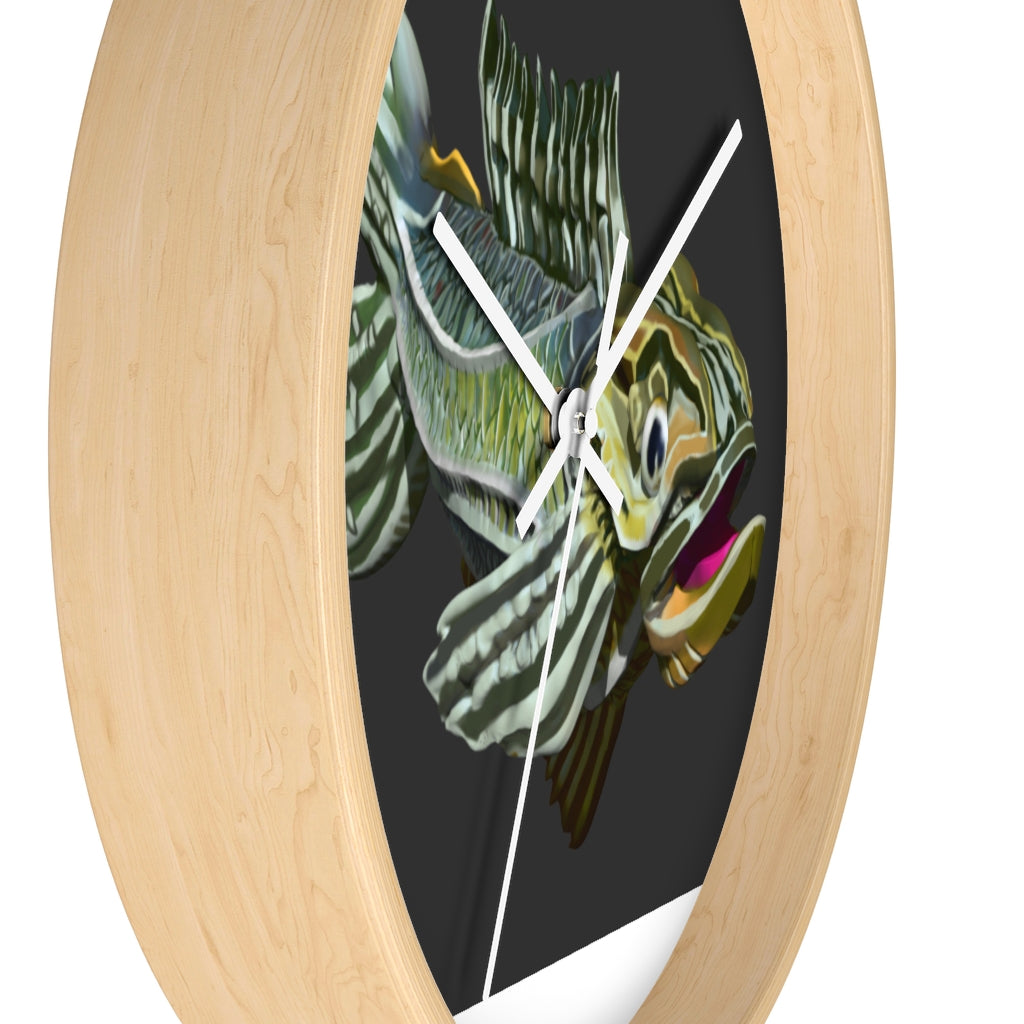 Colorful Fish Wall Clock featuring a vibrant fish design in a wooden frame with a plexiglass face.