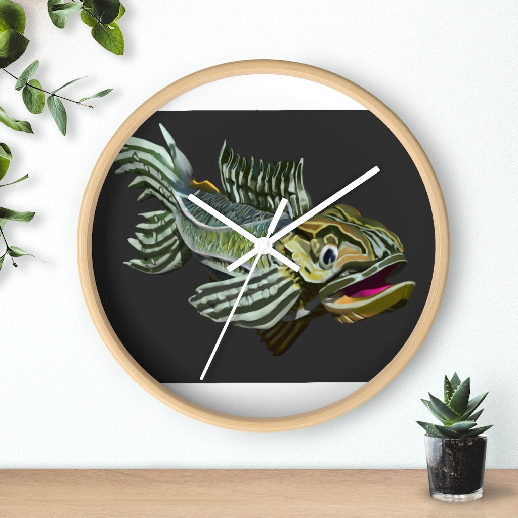 Colorful Fish Wall Clock featuring a vibrant fish design in a wooden frame with a plexiglass face.