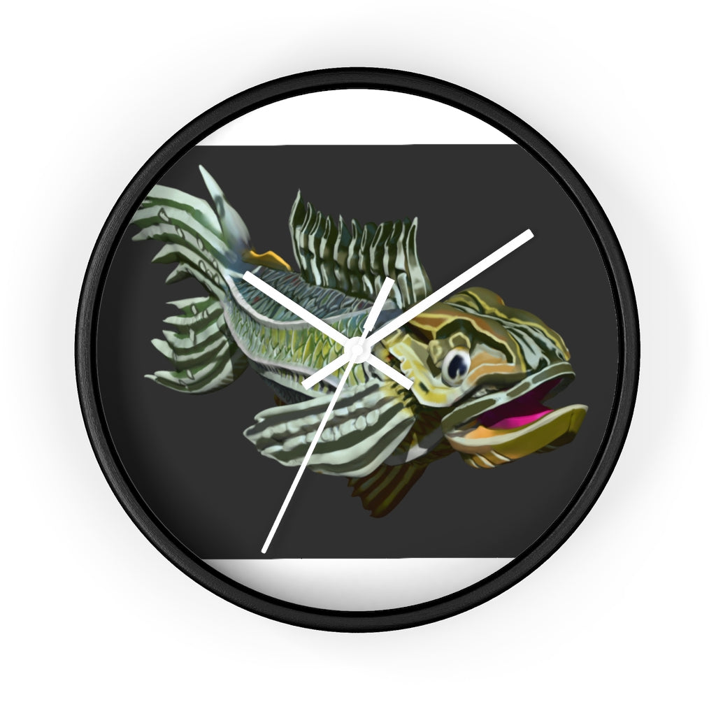 Colorful Fish Wall Clock featuring a vibrant fish design in a wooden frame with a plexiglass face.