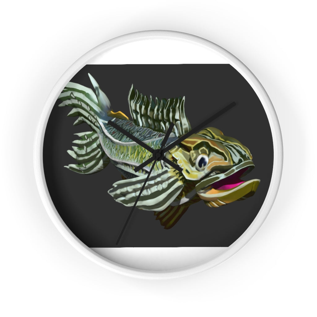 Colorful Fish Wall Clock featuring a vibrant fish design in a wooden frame with a plexiglass face.