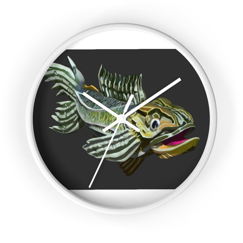 Colorful Fish Wall Clock featuring a vibrant fish design in a wooden frame with a plexiglass face.