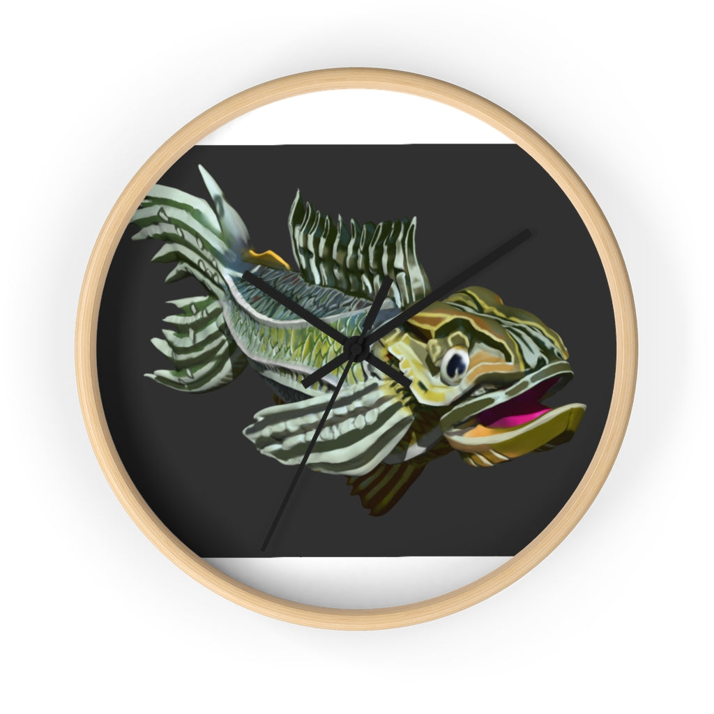 Colorful Fish Wall Clock featuring a vibrant fish design in a wooden frame with a plexiglass face.