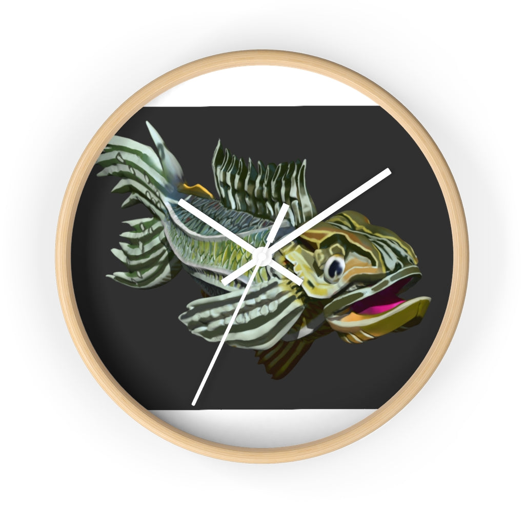 Colorful Fish Wall Clock featuring a vibrant fish design in a wooden frame with a plexiglass face.