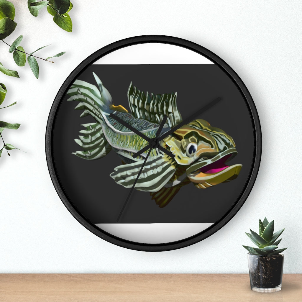 Colorful Fish Wall Clock featuring a vibrant fish design in a wooden frame with a plexiglass face.