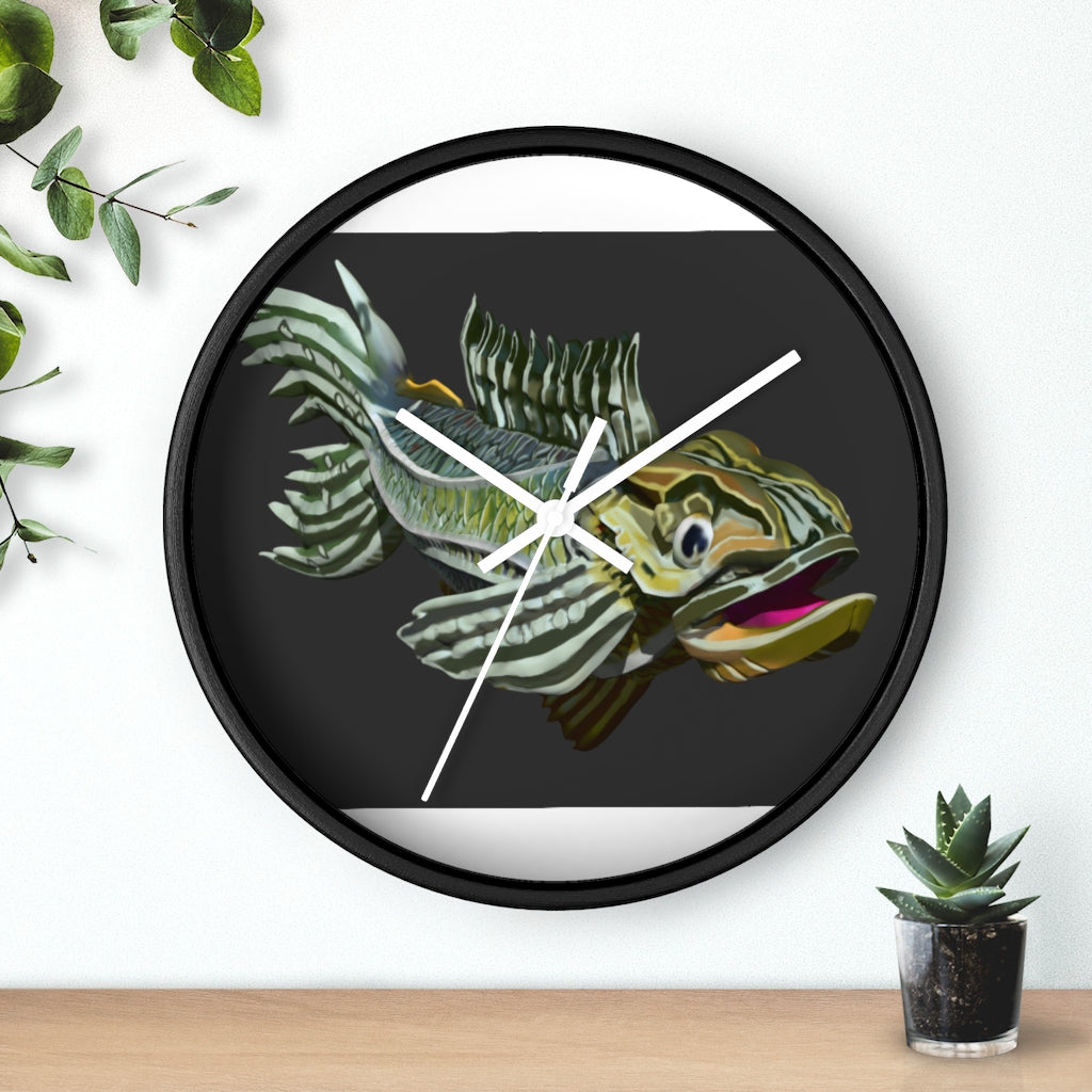 Colorful Fish Wall Clock featuring a vibrant fish design in a wooden frame with a plexiglass face.