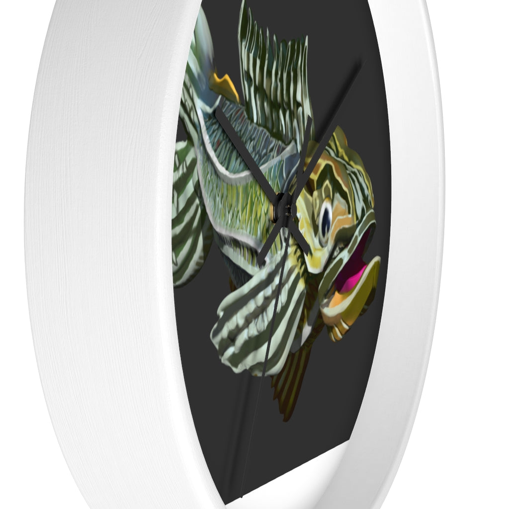 Colorful Fish Wall Clock featuring a vibrant fish design in a wooden frame with a plexiglass face.