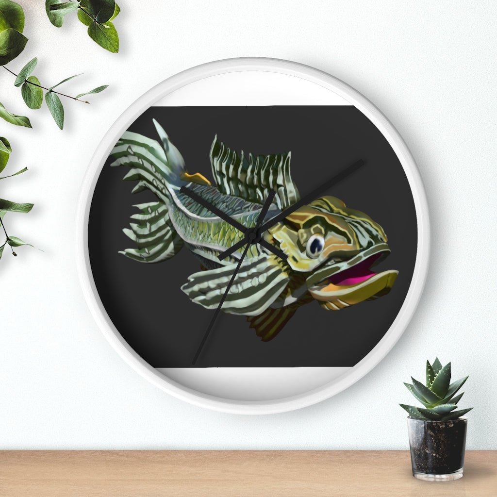 Colorful Fish Wall Clock featuring a vibrant fish design in a wooden frame with a plexiglass face.