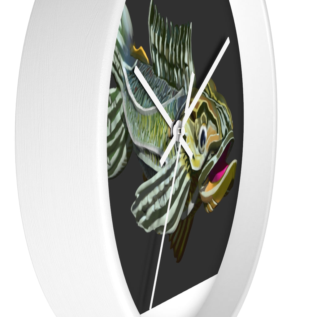 Colorful Fish Wall Clock featuring a vibrant fish design in a wooden frame with a plexiglass face.