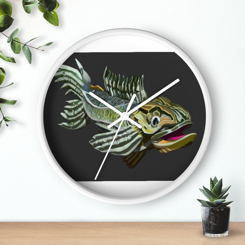 Colorful Fish Wall Clock featuring a vibrant fish design in a wooden frame with a plexiglass face.