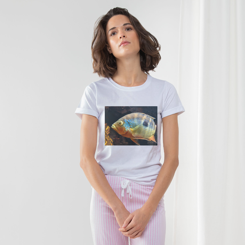 Colorful Fish Women's Long Pant Pyjama Set featuring a white t-shirt, striped pants, and a matching drawcord bag, perfect for lounging.