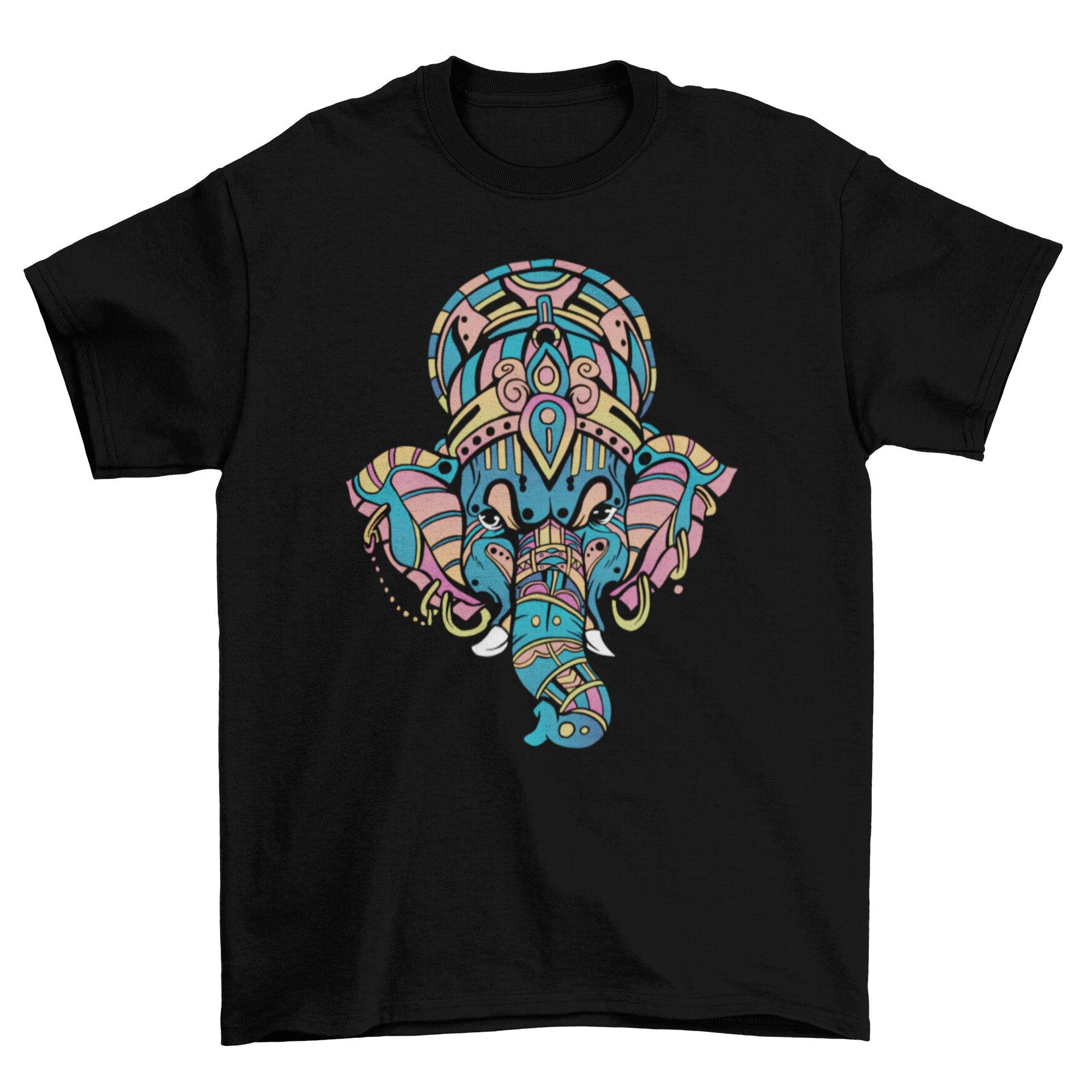 A vibrant t-shirt featuring a colorful design of Lord Ganesha's head, showcasing intricate details and bright colors.