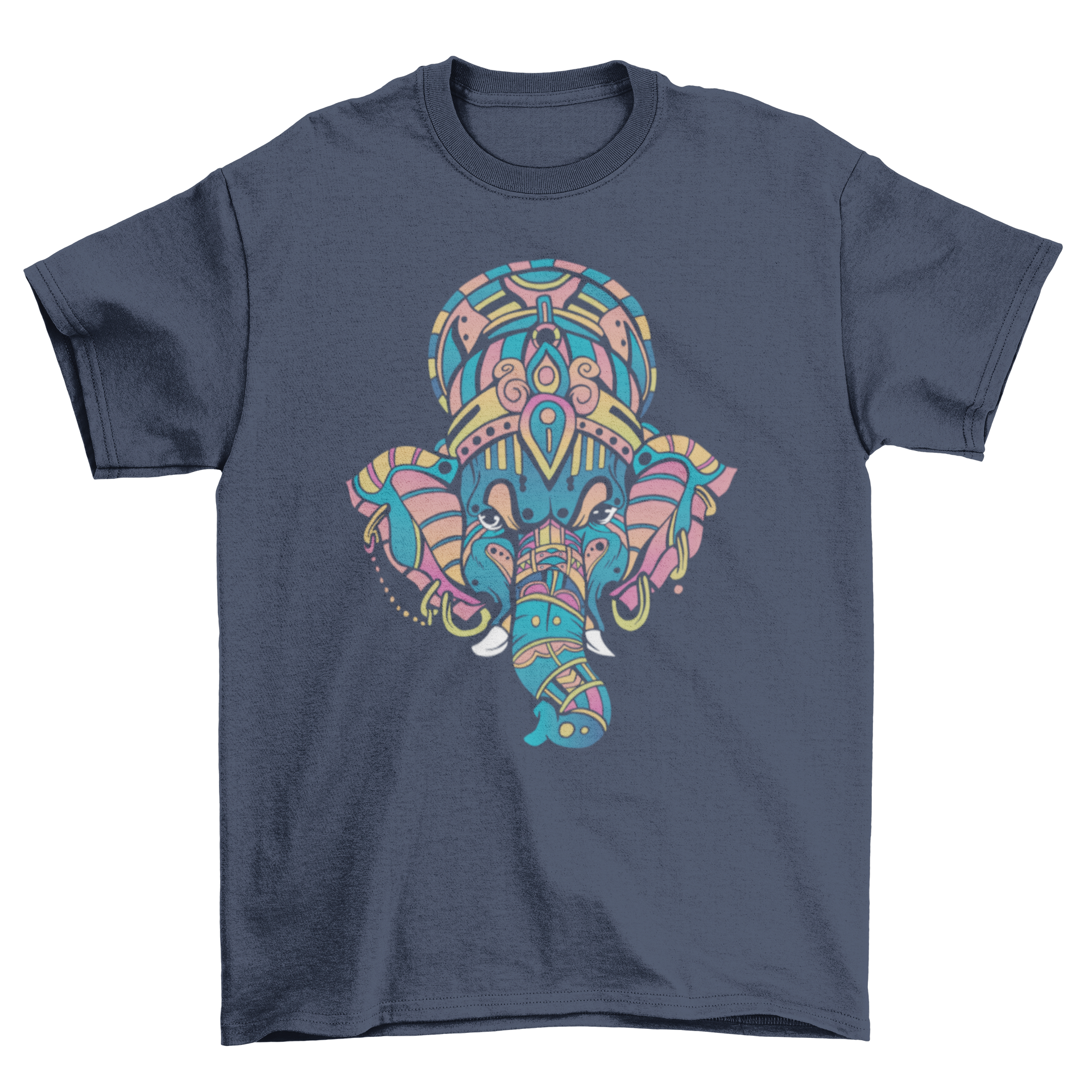 A vibrant t-shirt featuring a colorful design of Lord Ganesha's head, showcasing intricate details and bright colors.