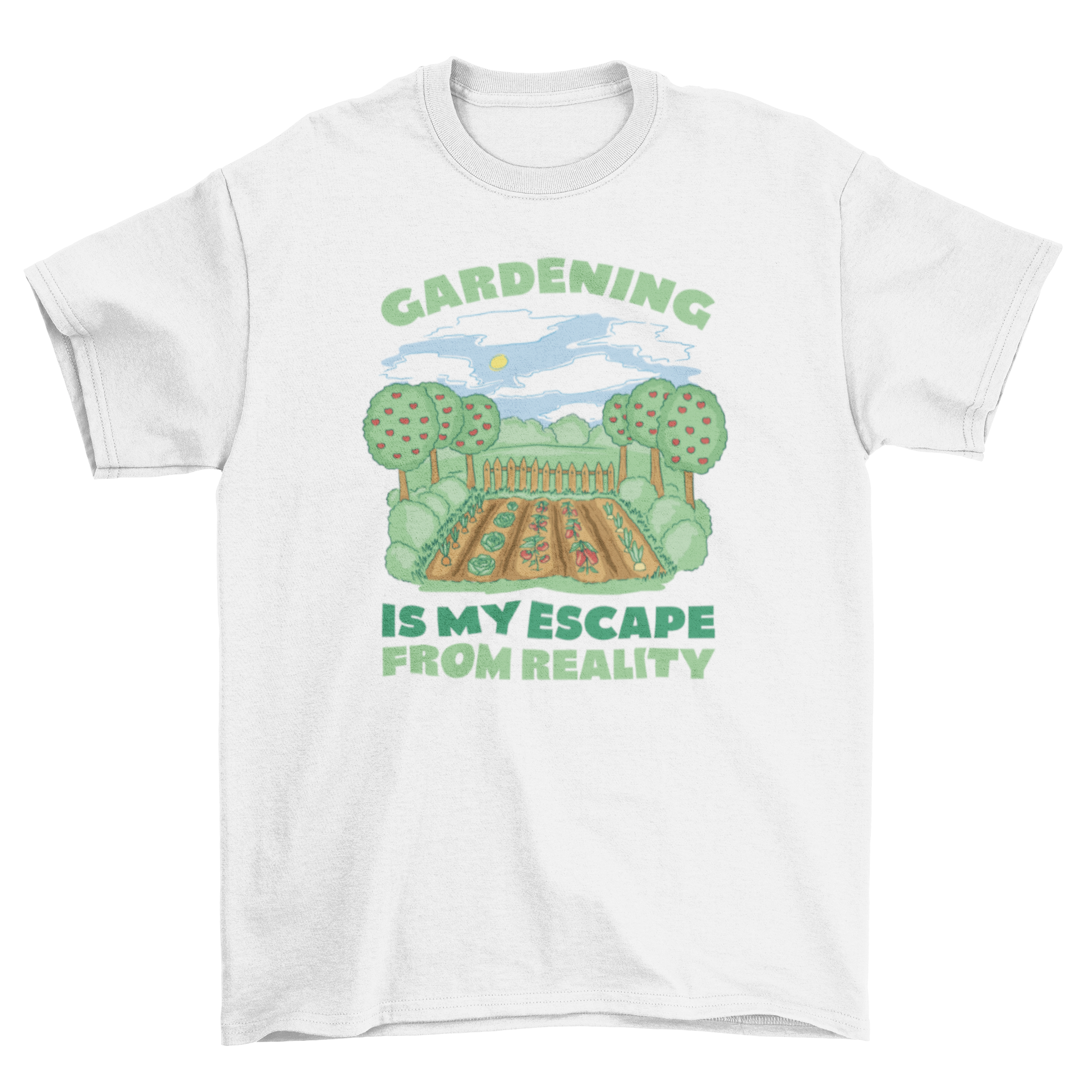 Colorful garden t-shirt featuring vibrant apple trees design on a soft fabric.