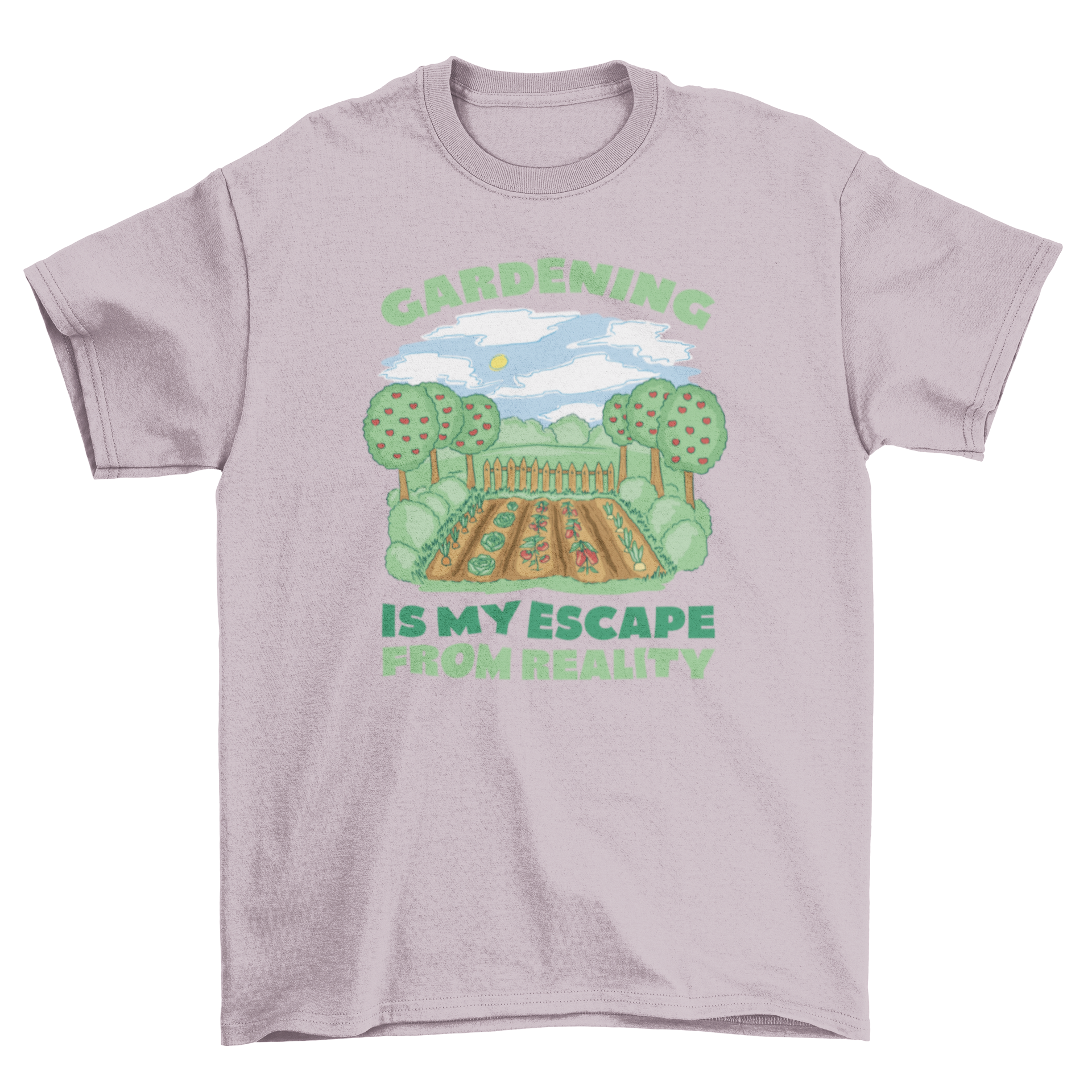 Colorful garden t-shirt featuring vibrant apple trees design on a soft fabric.