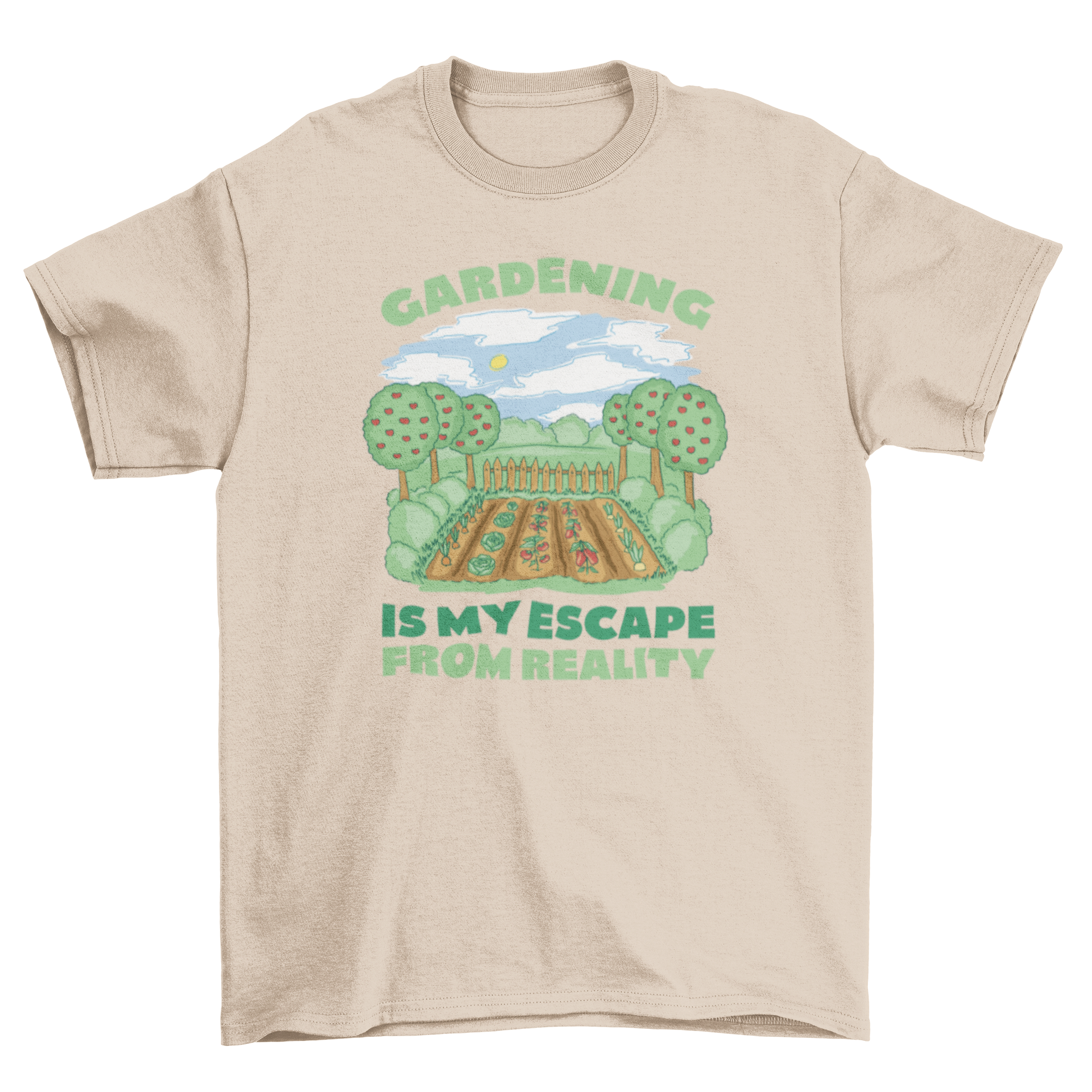 Colorful garden t-shirt featuring vibrant apple trees design on a soft fabric.