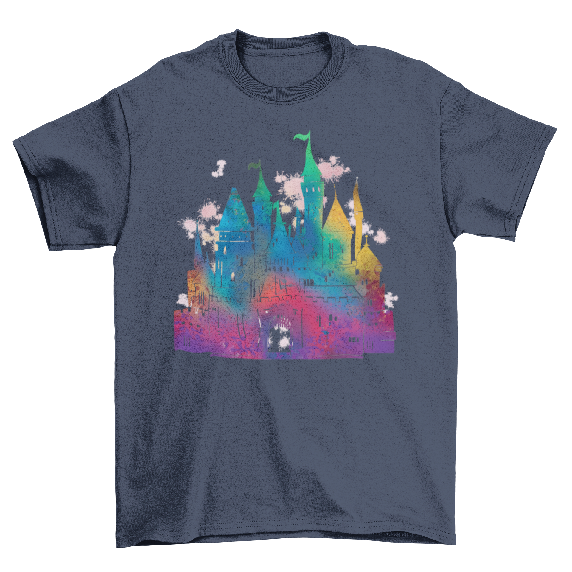 Colorful gradient castle t-shirt featuring a whimsical castle design in vibrant colors.