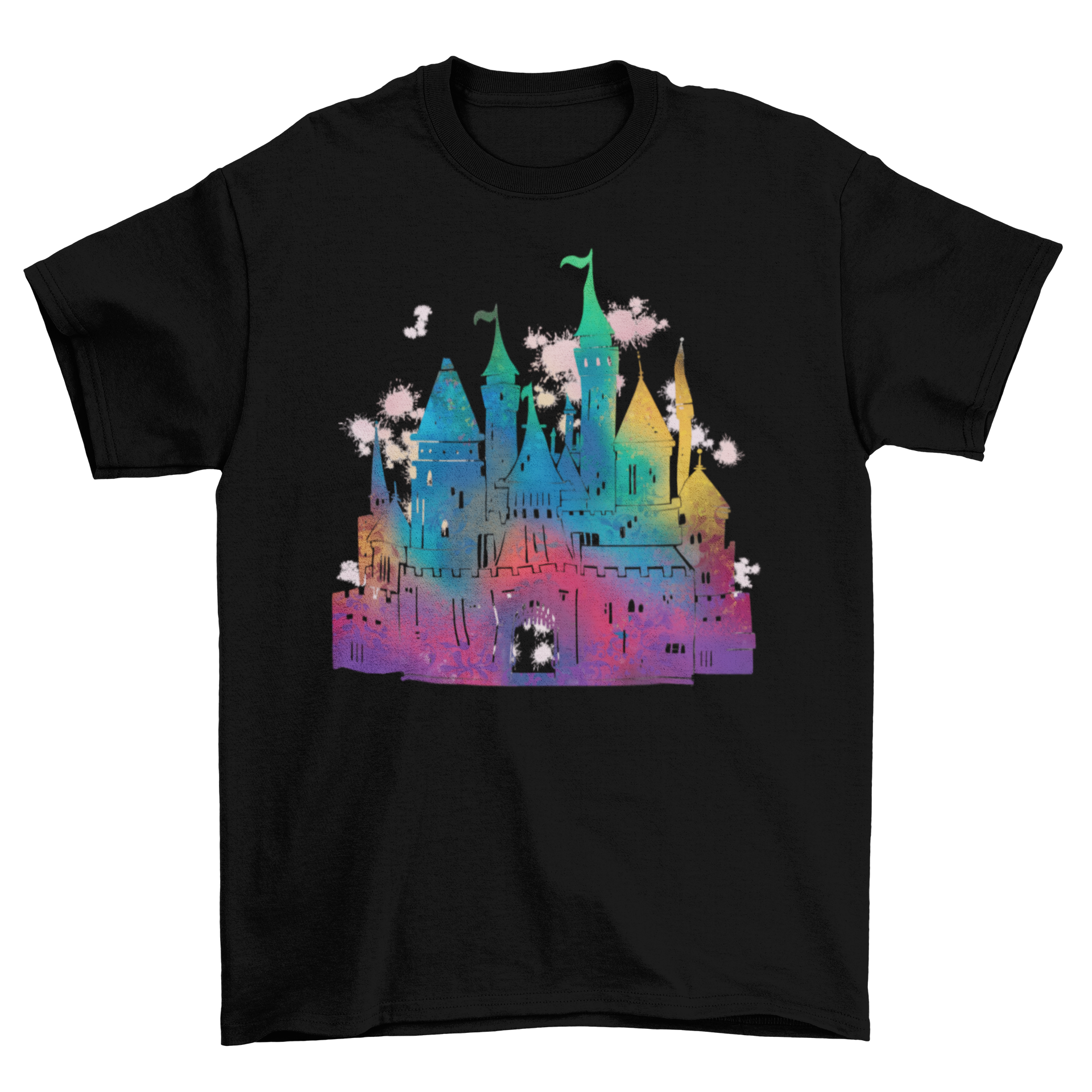 Colorful gradient castle t-shirt featuring a whimsical castle design in vibrant colors.