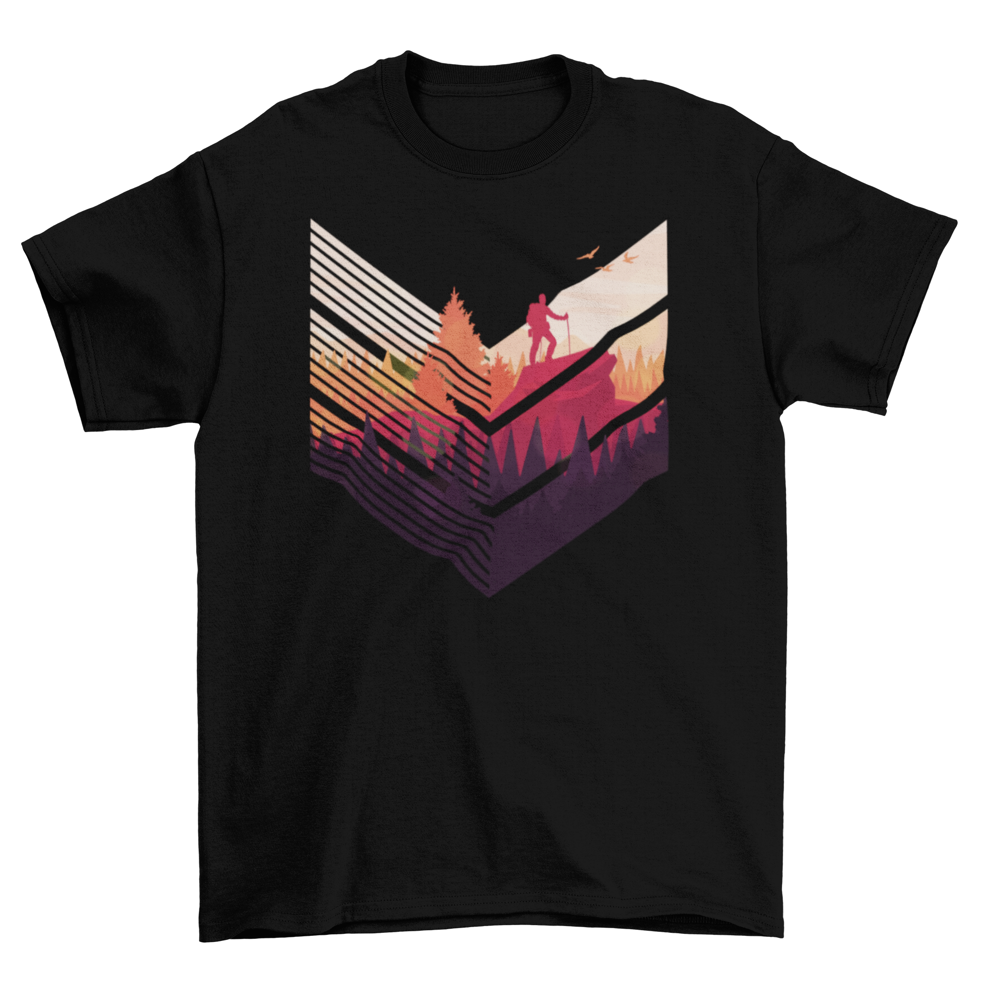 Colorful hiking t-shirt featuring abstract shapes and a man hiking in a forest illustration.