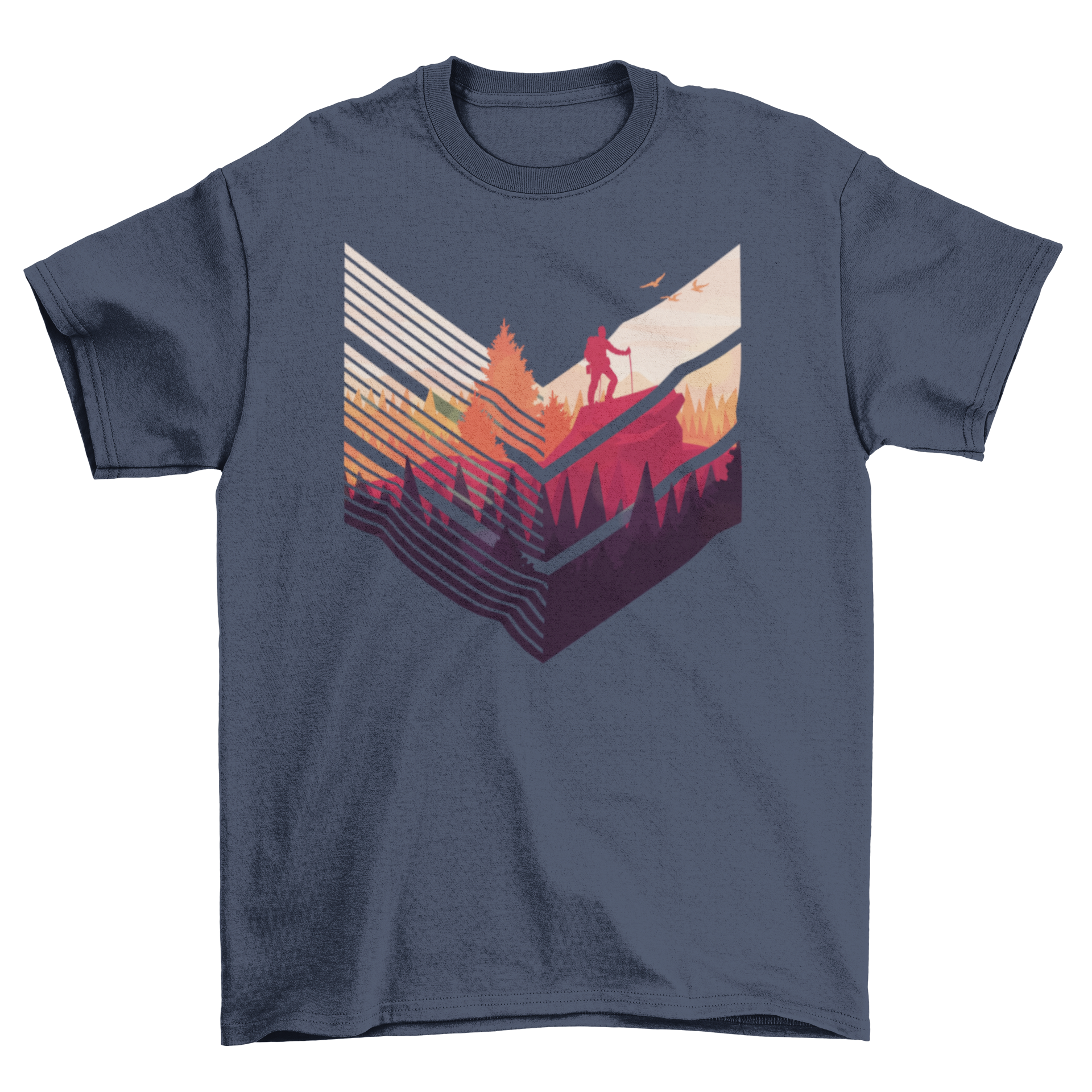 Colorful hiking t-shirt featuring abstract shapes and a man hiking in a forest illustration.