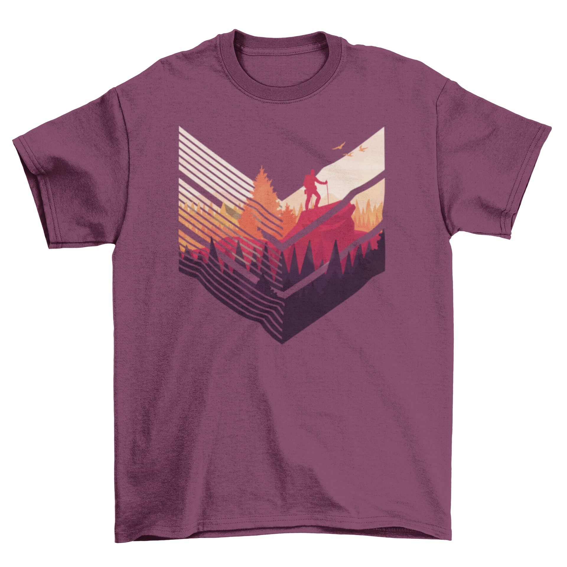 Colorful hiking t-shirt featuring abstract shapes and a man hiking in a forest illustration.