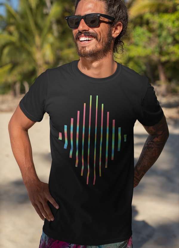 A colorful lines T-shirt featuring vibrant designs in various colors, made from soft ringspun cotton, showcasing its stylish and comfortable fit.